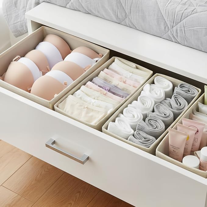 Drawer Organizer Set 6 Pack - Foldable 11" Fabric Storage Bins with Zipper Bottom for Underwear Socks Bras Baby Clothes - Closet Dresser Dividers for Bedroom Nursery, Light Grey