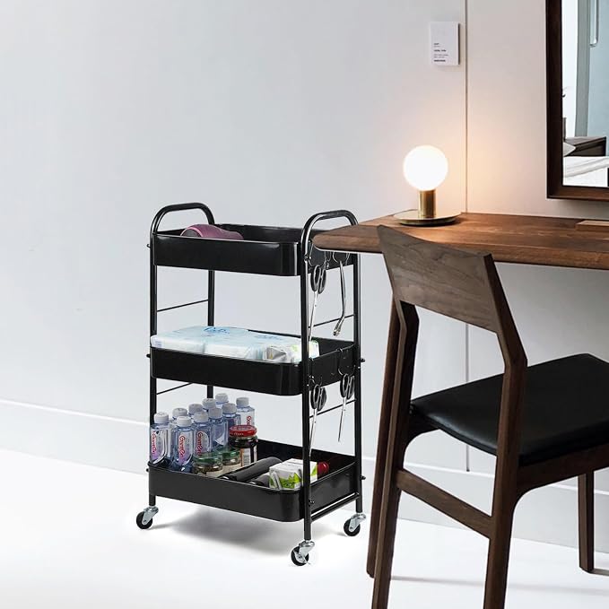SUNLPH 3-Tier Rolling Utility Cart with Stopper Caster Wheels and 4 Hooks, Easy Assembly, for Kitchen, Bathroom, Living Room, Office (17.7”L x 12.2”W x 29.1”H, Black)
