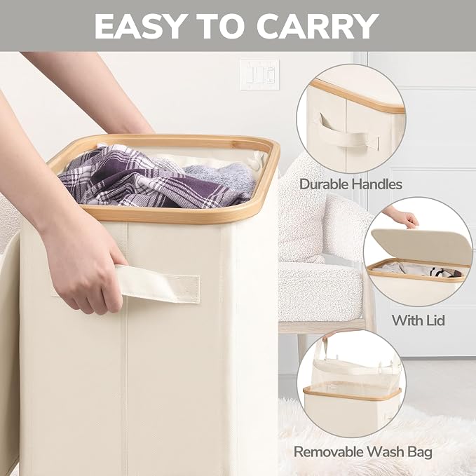Goodpick Laundry Basket with Wheels, Large Laundry Hamper with Lid 100L Clothes Hamper with Removable Laundry Bag Collapsible Dirty Clothes Basket for Laundry Room, Bedroom, Beige