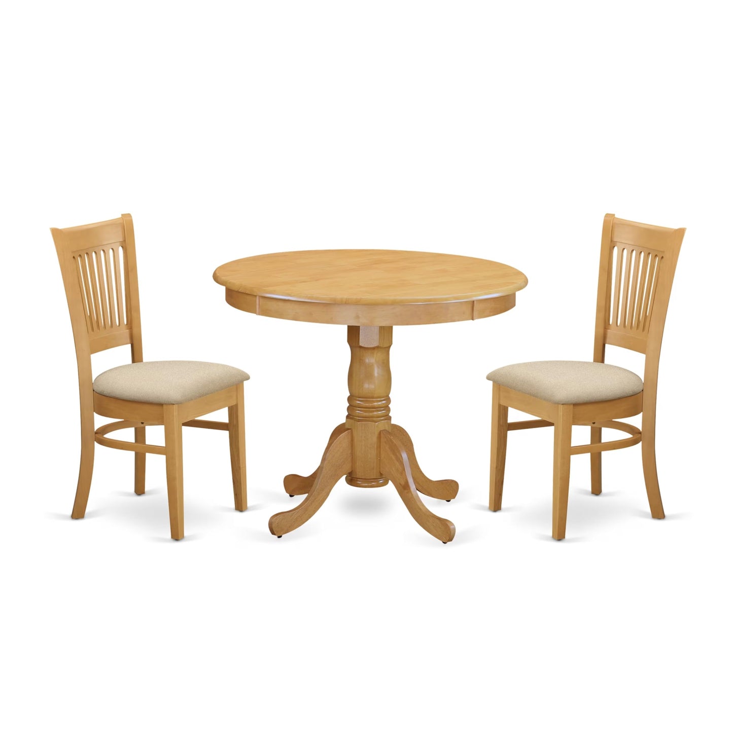 East West Furniture ANVA3-OAK-C 3 Piece Kitchen Table Set for Small Spaces Contains a Round Dining Room Table with Pedestal and 2 Linen Fabric Upholstered Chairs, 36x36 Inch, Oak