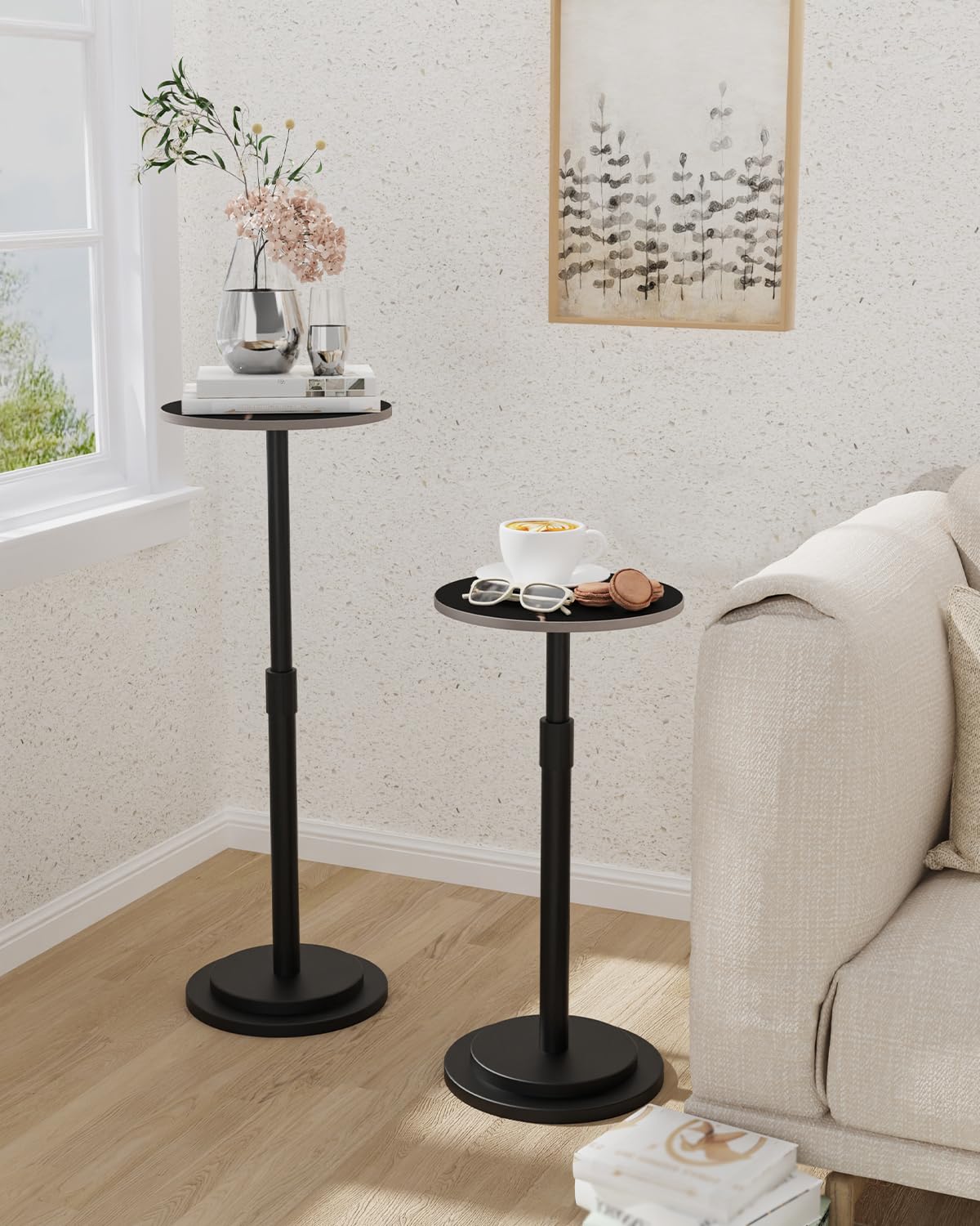 GUOHNHE Height Adjustable Drink Table, Vintage Round Indoor Metal Plant Stand, for Small Spaces, Living Room, Bedroom, Cocktail, 1 Pack, Black, GBZ001CB-1