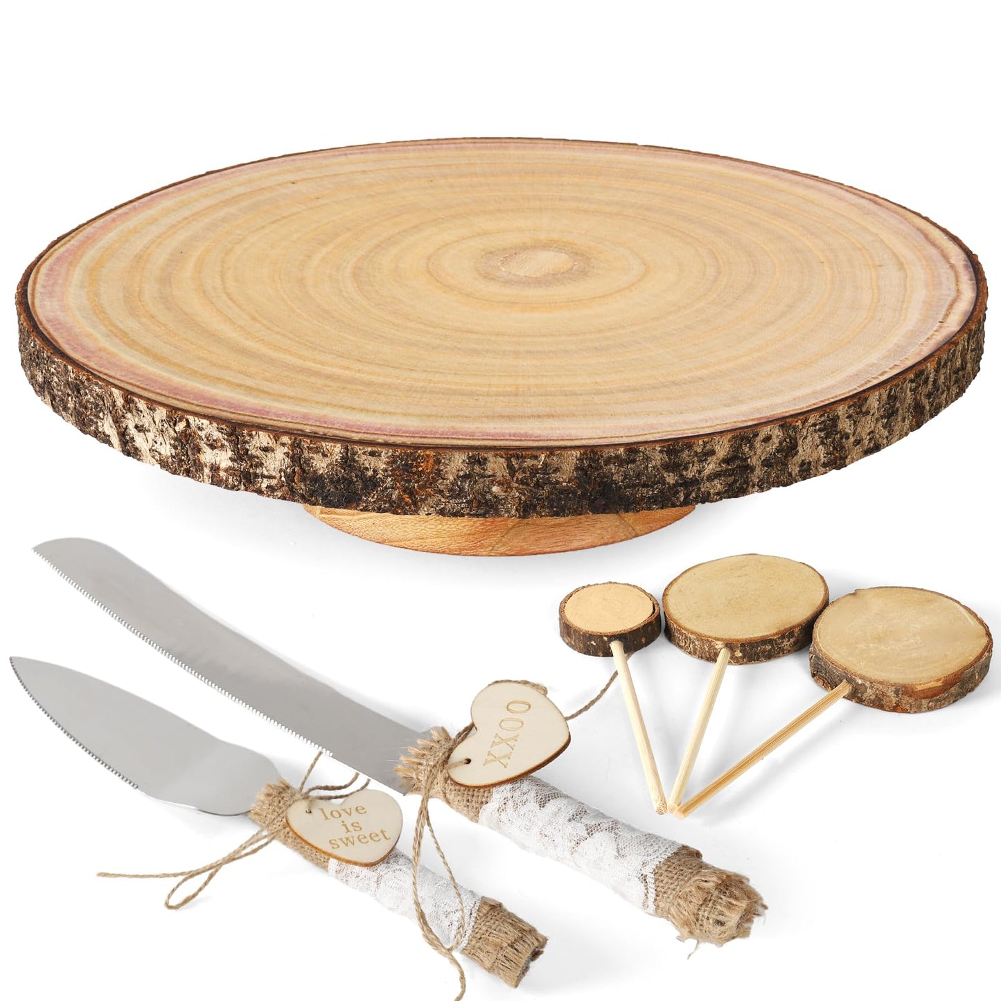 Relaxing Garden Customizable 12 Inch Rustic Wood Cake Stand Set with Bark Edge, Cake Knife & Server + Blank Wood Slice Topper — Cake Display for Weddings, Birthdays, Showers & Holiday Celebrations