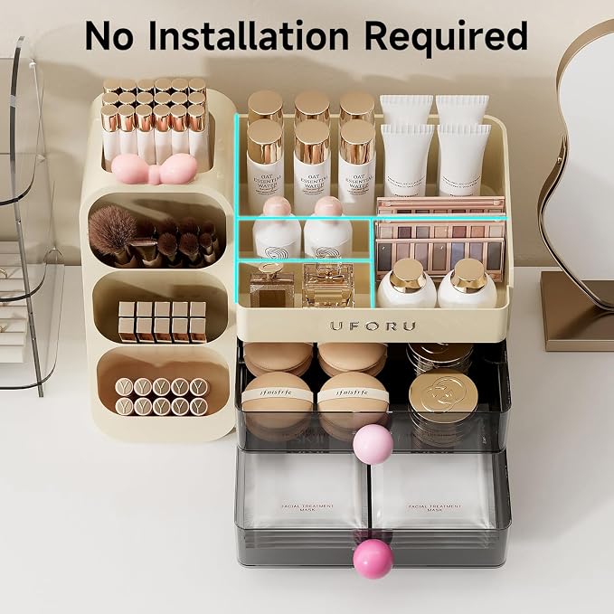 UFORU Makeup Organizer for Vanity with Brush Holder, Large Capacity Bathroom Countertop Skincare Organizer with 2 Drawers, Cosmetic Display Case for Perfumes, Eyeshadow Palettes, Nail Polishes