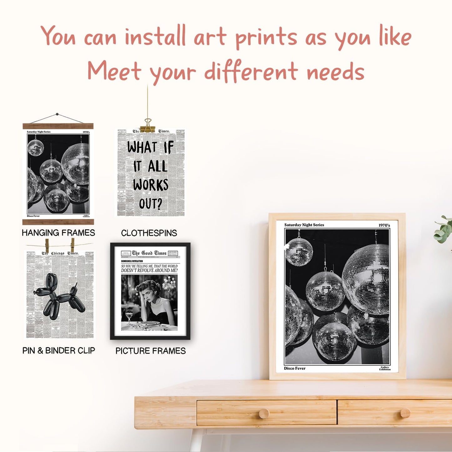 NaZaUK Funky Retro Y2K Wall Art, Black and White Newspaper Wall Art Posters Set of 4, Prints for Bedroom Decor, Trendy Preppy Aesthetic Prints, Sufeasdf 70s Disco Ball, Bar Cart Decor, 8x10 Unframed