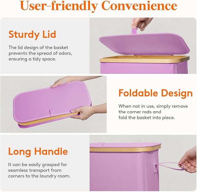 Lifewit 65L Slim Laundry Hamper with Lid, Narrow Laundry Basket with Removable Bag & Bamboo Handles, Fodable Thin Dirty Clothes Hamper for Laundry Collapsible Bin for Bathroom Bedroom Dorm, Purple
