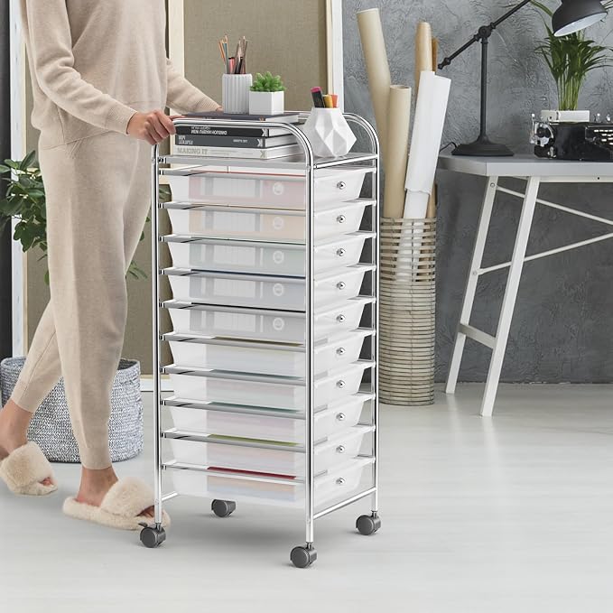 MEDIMALL 10 Drawers Rolling Storage Cart, Multipurpose Craft Storage Cart with Wheels, Mobile Tools Scrapbook Paper Organizer Cart for Office School Home Use (Clear)