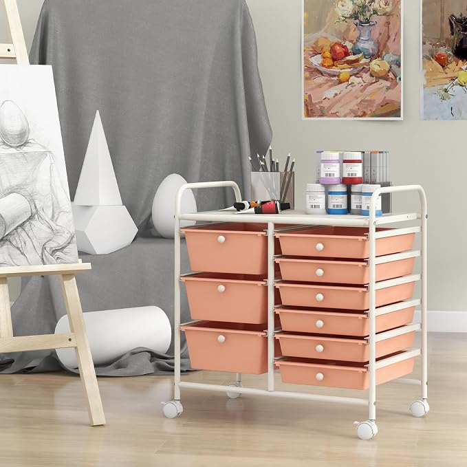 Giantex 9 Drawers Rolling Cart, Classroom Organizers, Storage Cart with Wheels, for Teacher Office Home School Supplies Tool Craft Art Paper, Peach Fuzz