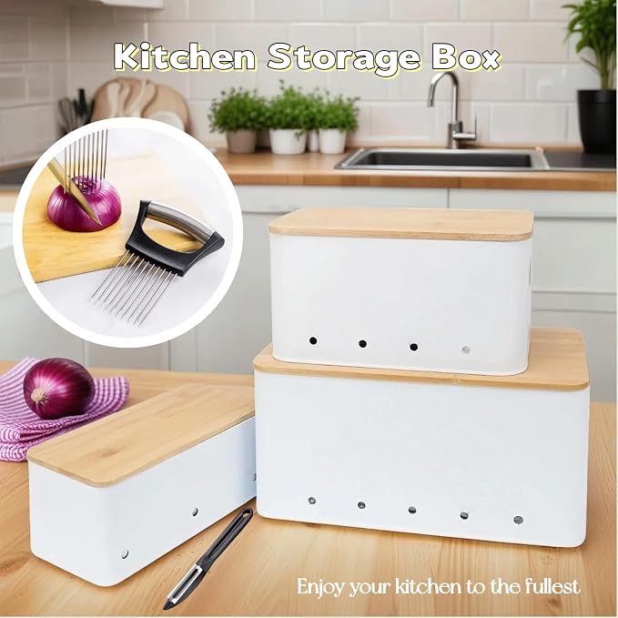 Modern kitchen storage container, stacked metal storage box, 3-piece set with wooden lid design, onion, garlic, potato metal cans, breathable storage box (White)