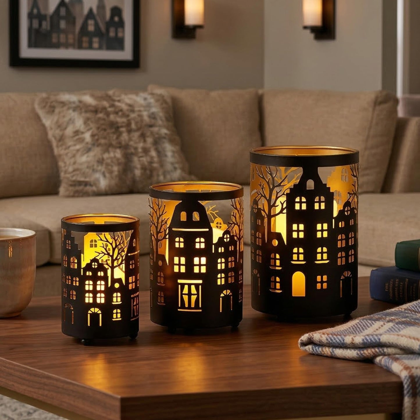 TRIROCKS Village Silhouette Candle Lantern 7.5" H Etched Bronze Metal Candle Holder Decorations for Living Room Tabletop Parties Patio Entryway Indoors Outdoors(3PCS)