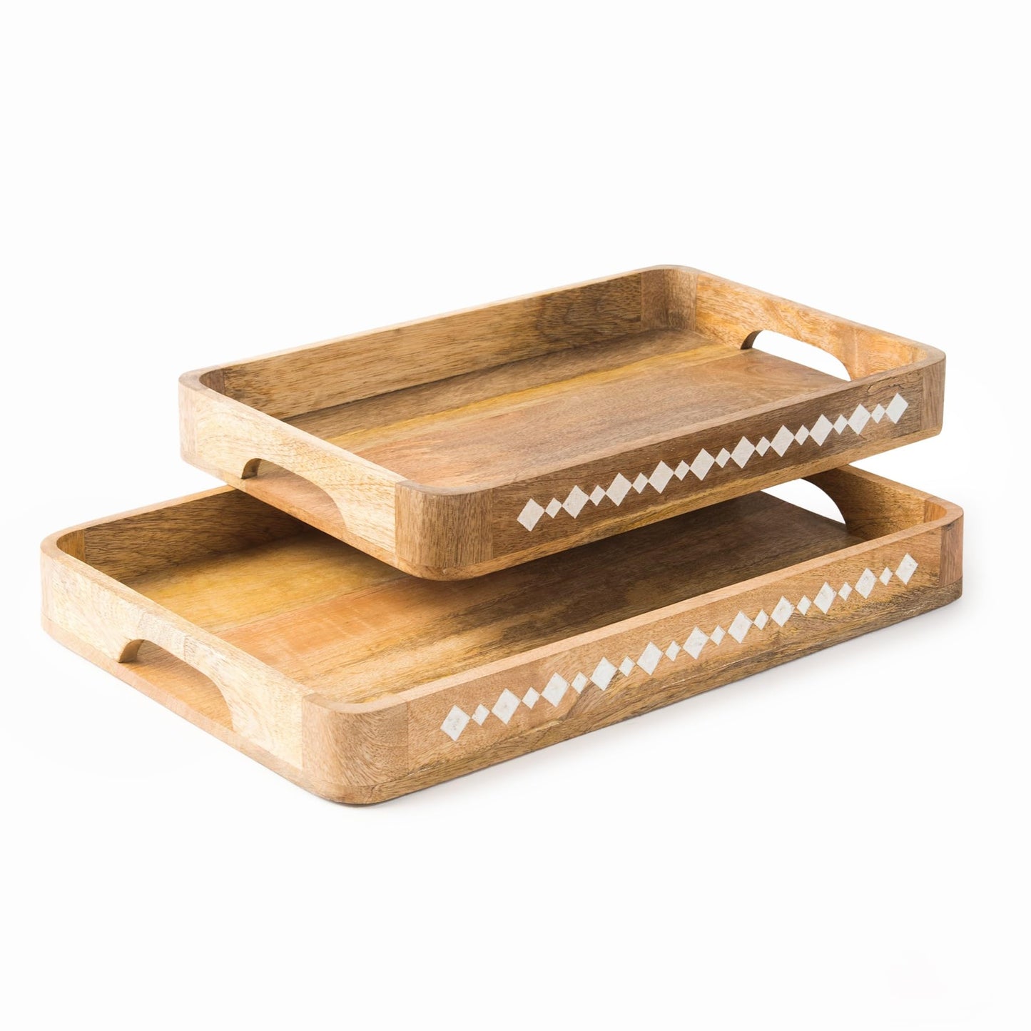 Mela Artisans Wooden Serving Tray Set of 2 with Handles | Mango Wood Decorative Trays | 15x10x1.75 & 13x9x1.75 | Ottoman Tray | Snacks | Desserts | Bread | Coffee Table | Bedroom | Rounded Edge