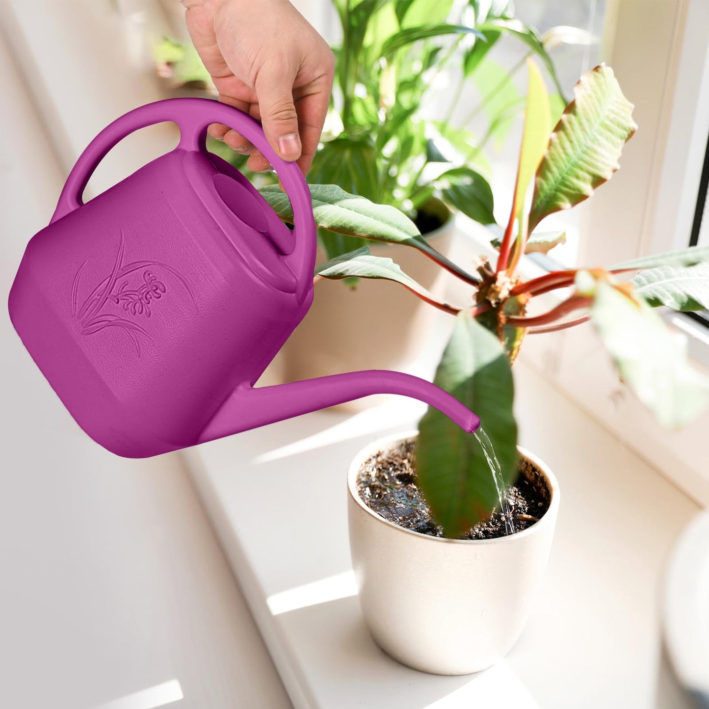 ZXJ Plant Watering Can - for Indoor and Outdoor Home Garden Plants - with Long Spout - Rose Red - 1/2 Gallon