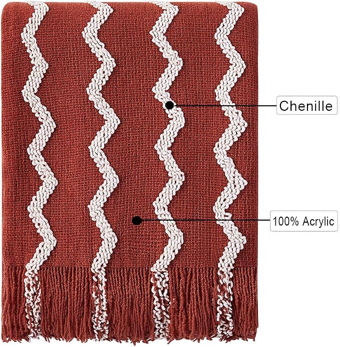 BOURINA Fluffy Chenille Knitted Fringe Throw Blanket Lightweight Soft Cozy for Bed Sofa Chair Throw Blankets, Rust 50" x 60"