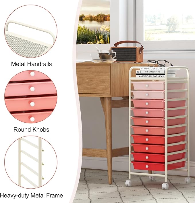 MEDIMALL 10 Drawers Rolling Storage Cart, Multipurpose Craft Storage Cart with Wheels, Mobile Tools Scrapbook Paper Organizer Cart for Office School Home Use