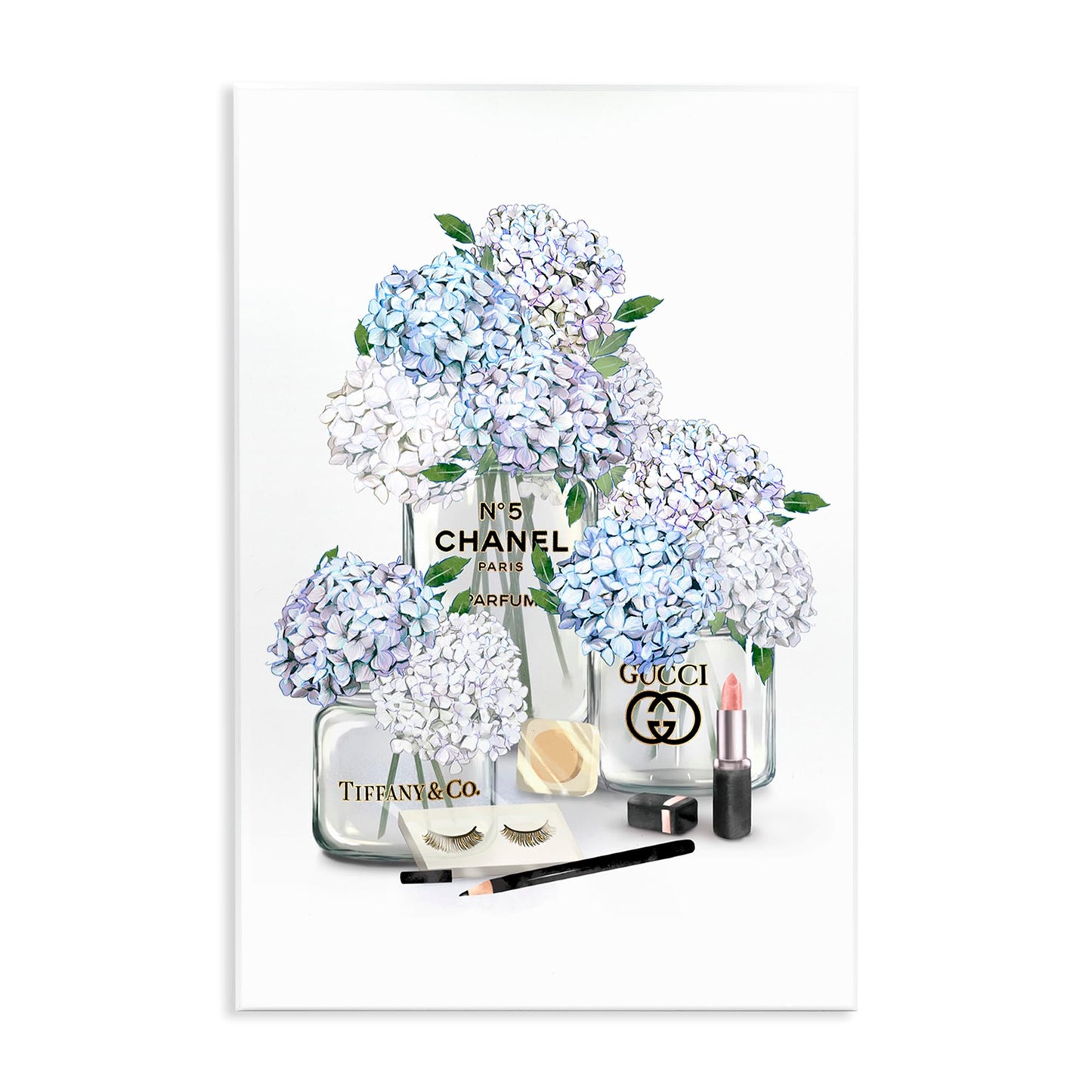 Stupell Industries 'Glam White Blue Hydrangeas Designer Perfume Bottles Lipstick Illustration', Wall Plaque Art, 10 x 15 Inches, Easy to Hang and Sturdy, Made in USA, by Ziwei Li