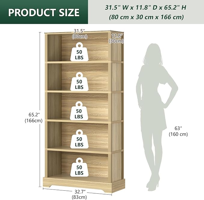 TVU 5-Tier Wooden Bookshelf, 65" Tall Farmhouse Style Open Bookcase, 31.5" W Standing Book Shelf with Storage, Suitable for Study, Living Room, Office, Natural Wood Color