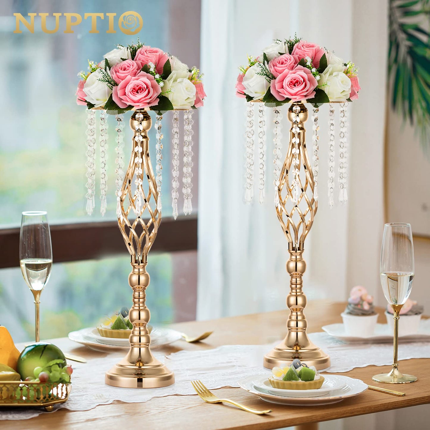 Nuptio 2 Pcs Crystal Flower Stand Wedding Centerpieces for Tables, 21.7in/55cm Tall Elegant Metal Flower Arrangement Stand, Tabletop Metal Flower Vase for Wedding Party Dinner Event Hotel Home Decor