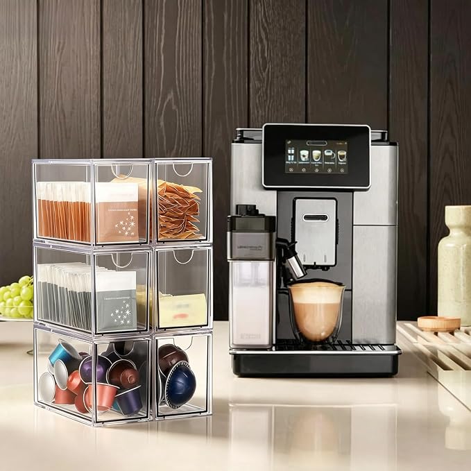 ELLDOO 6 Drawers Tea Bag Organizer, Clear Acrylic Stackable Tea Bag Storage Holder for Kitchen Pantry, Coffee Pod Snack Storage for Countertop Cabinet