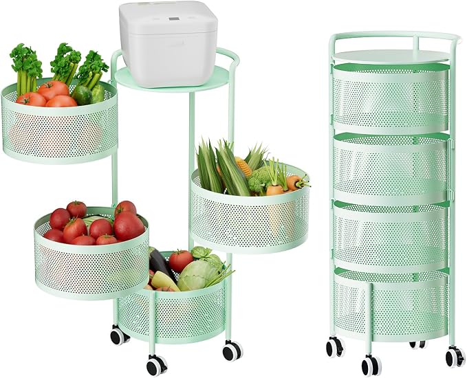 JAQ Kitchen Storage Rack No Assembly, 4-Tier Metal Storage Tower Basket Shelves Organizer on Rolling Wheels with Removal Drawers for Fruit Vegetable Grocery Corns Potato Onion (4-Tier, Green)