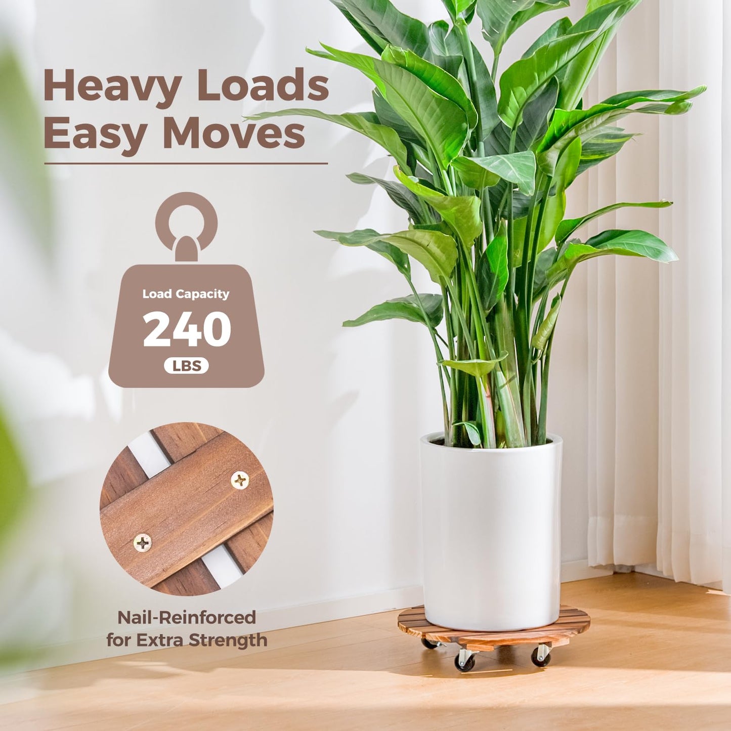 Bamworld Plant Stand with Wheels Plant Caddy Outdoor 4 Pack 12in Rolling Planter Caddy with Swiveling and Lockable Caster for Indoor Patio Plant Dolly Wood Wheeled Mobile Roller
