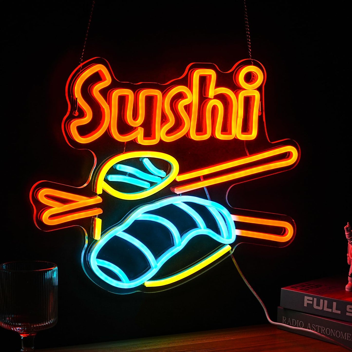 Dimmable Sushi Neon Sign 16.5 * 12.6 Inch LED Sushi Light Up Sign For Wall Decor USB Powered Japanese Neon Light for Sushi Shop Restaurant Home Kitchen Party （Yellow Ice Blue Orange）
