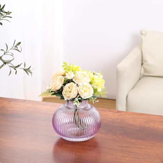 Purple Glass Vase, Flower Vases for Bouquet, Ribbed Glass Vases for Flowers, Small Purple Vase for Living Room, Office, Coffee Table, Shelf, Wedding, 6 Inches