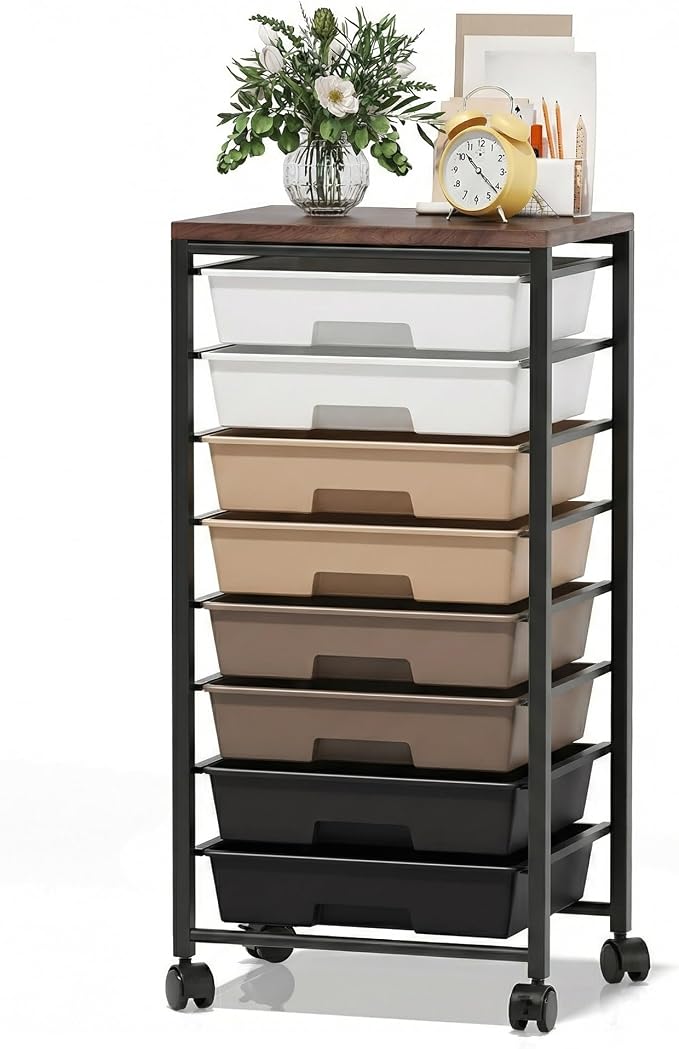 Rolling Cart with 8 Drawers, Storage Drawers Cart with Wooden Tabletop and Lockable Wheels, Craft Storage for Living Room, Office, Classroom, Craft Room, Bedroom (Brown)