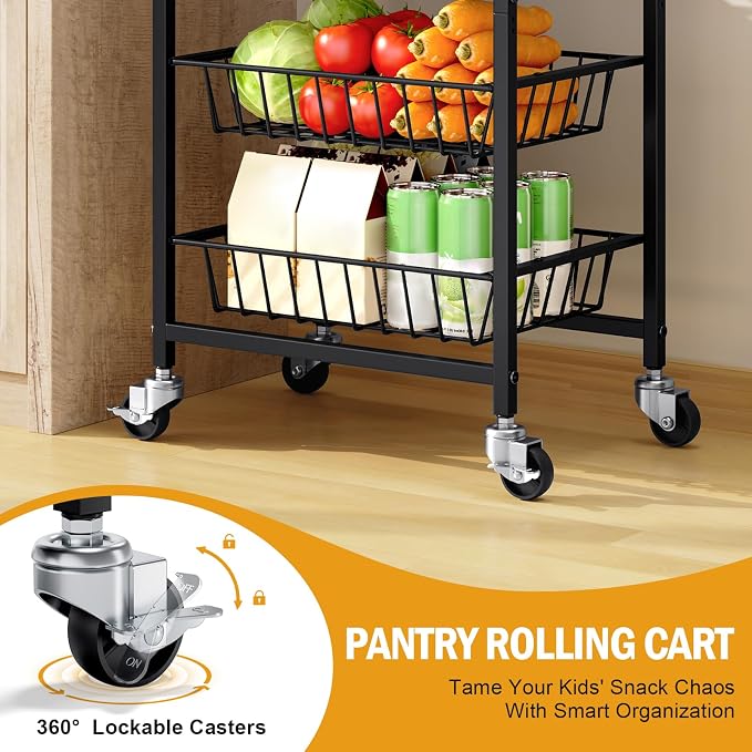 TOOLF 5-Tier Kitchen Storage Cart with Tabletop, Rolling Snack Cart with Lockable Wheels, Fruit Vegetable Basket with 4 Pack Mats, Metal Storage Rack with Pull-Out Pantry Trolley for Organizer