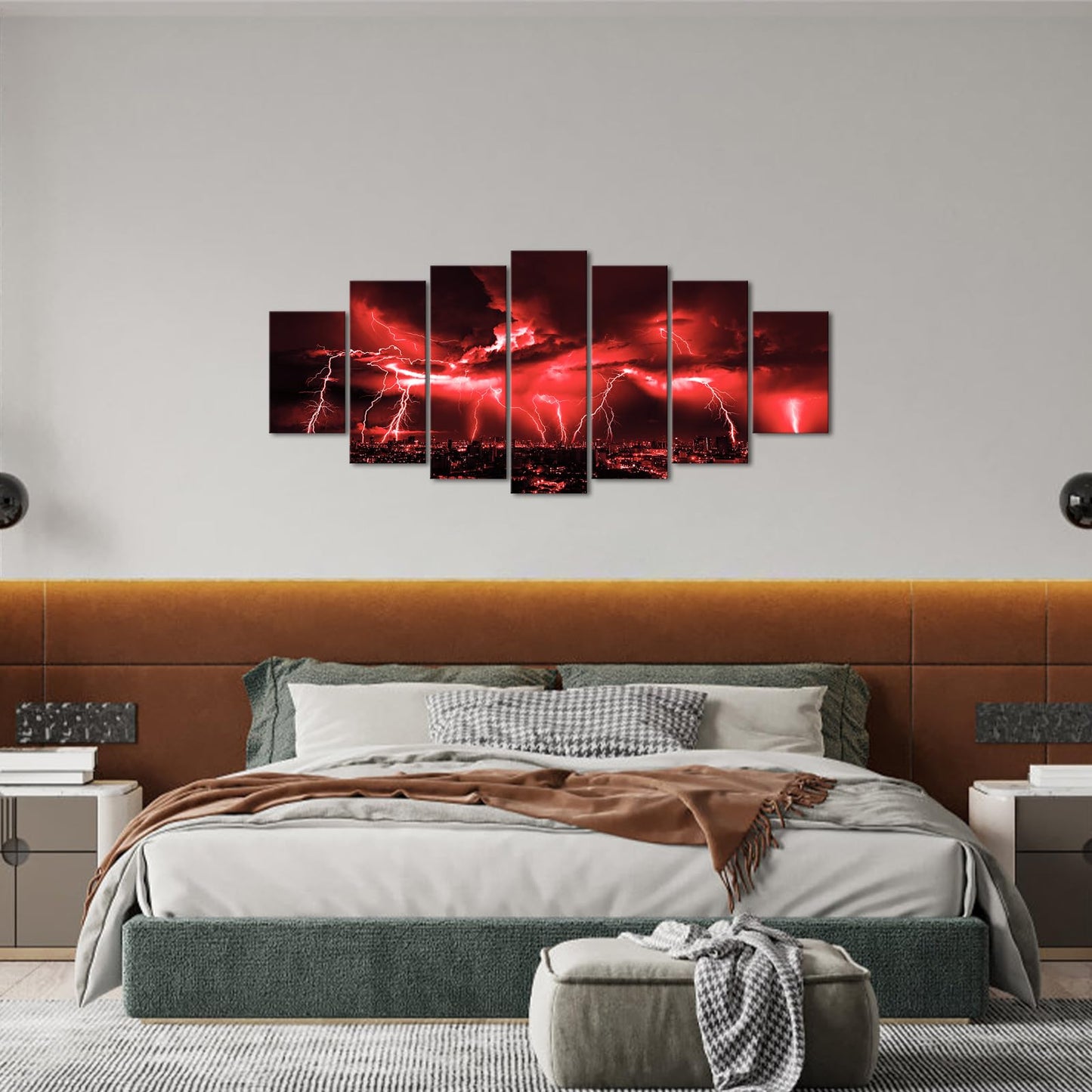 Biuteawal Large 7 Piece Black and Red Wall Art Lightning Strikes Cityscape Night Pictures Canvas Print Nature Storm City Skyline Painting Artwork for Home Living Room Decoration
