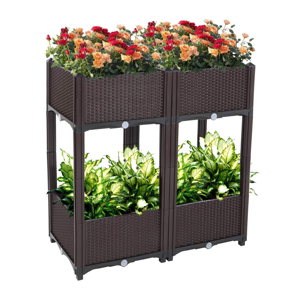 Planter Raised Beds Kits Set of 4, Plastic Elevated Garden beds with Brackets for Flowers Vegetables, Outdoor Indoor Planting Box Container for Garden Patio Balcony Restaurant, Easy Assembly (Brown)