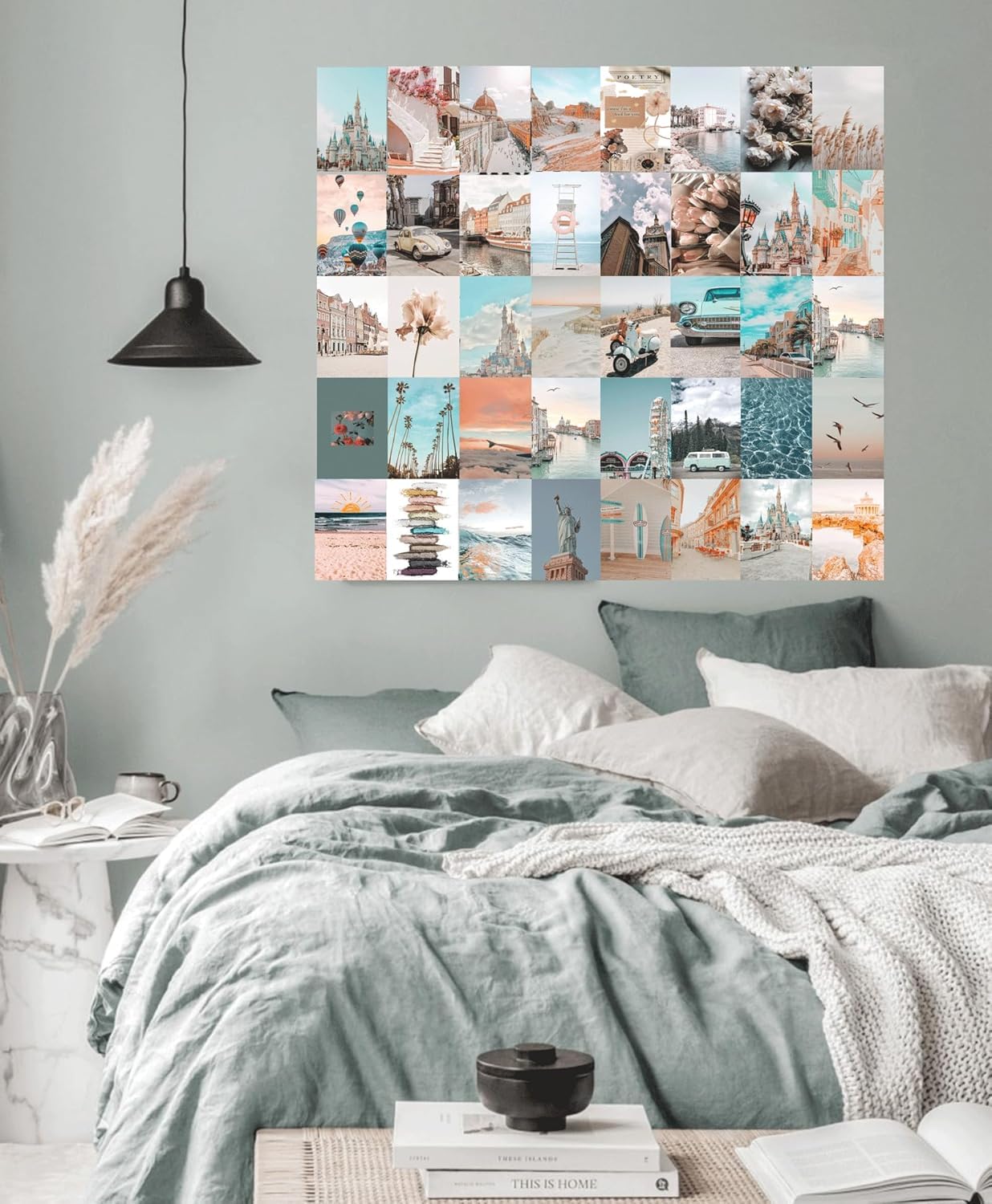Onivein Peach Teal Wall Collage Kit Aesthetic Pictures, 50Pcs 4 x 6 Inch Blue Aesthetic Picture, Summer Beach Collage Print Kit, Trendy Cute Posters Photo Collage Kit for Dorm Bedroom Decor