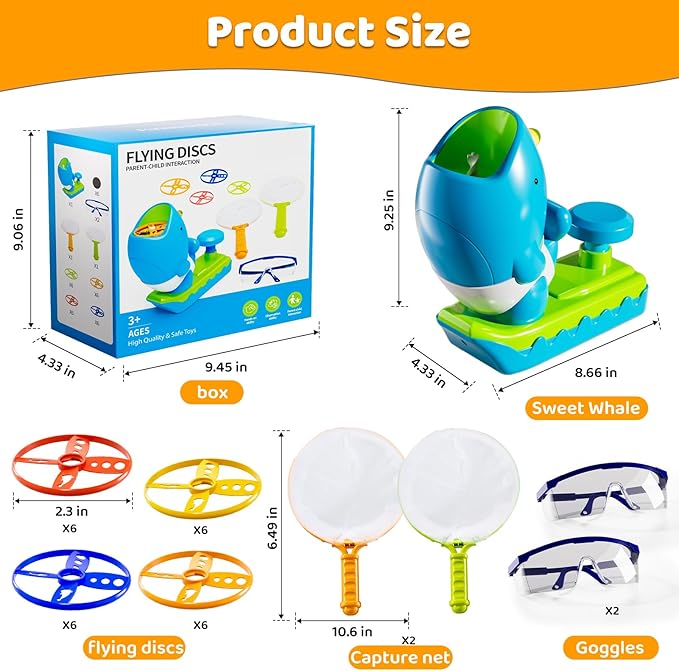 Flying Disc Launcher Outdoor Toys with 1 Whale Launcher, 24 Flying Discs, 2 Butterfly Nets and 2 Protective Glasses, Outside Toys for Kids Ages 3-5 6-8 Boys Girls Chasing Catching Games Birthday Gifts