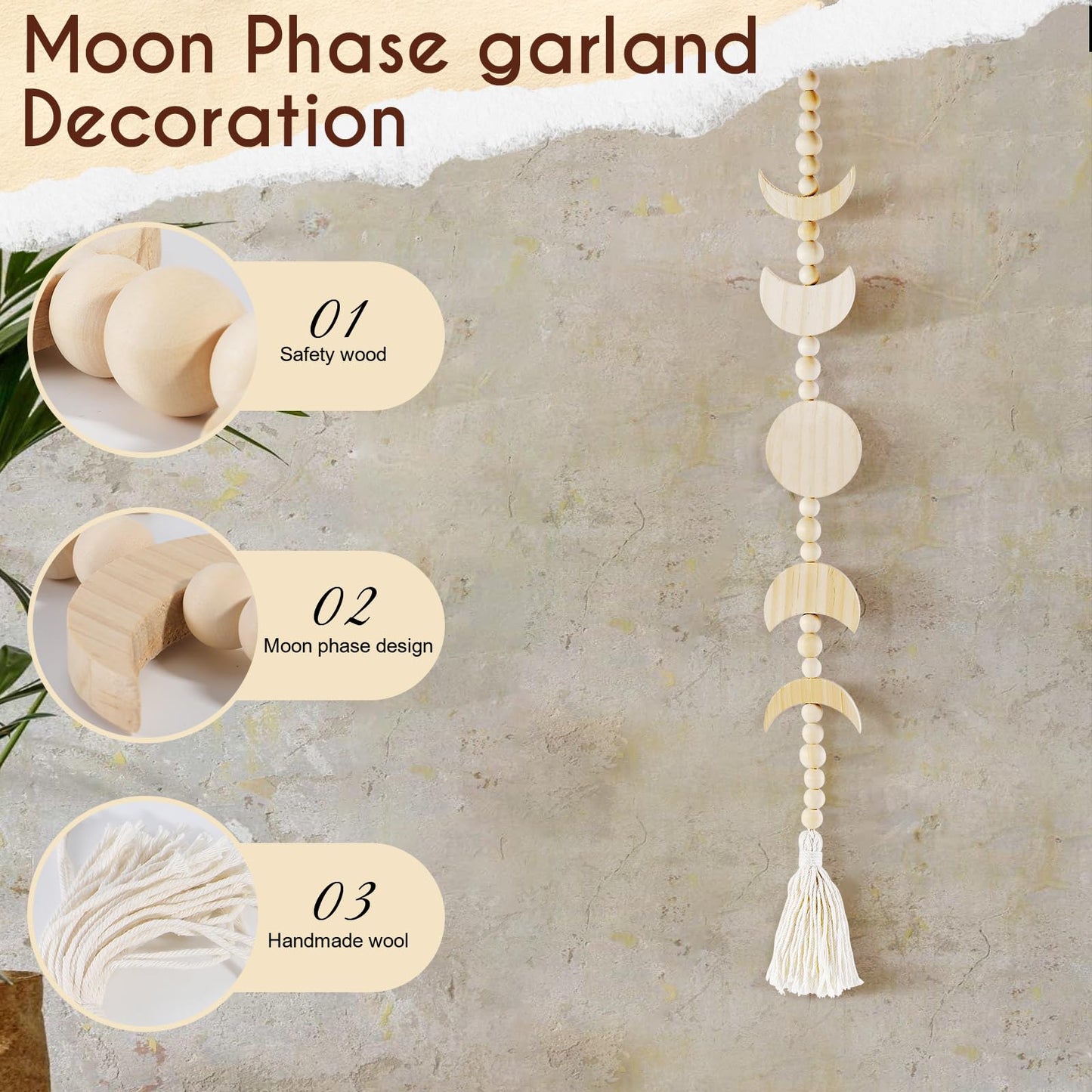Wooden Moon Phase Wall Hanging, Celestial Bedroom Decor Aesthetic Boho for Home (Beige)