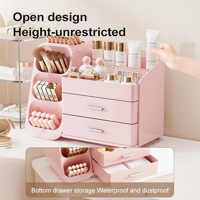 Makeup Organizer with Drawers,Large Capacity Countertop Organizer for Vanity,Bathroom and Bedroom Desk Cosmetics Organizers,Easy To Storage Skincare,Brushes,Lotions (All Pink)