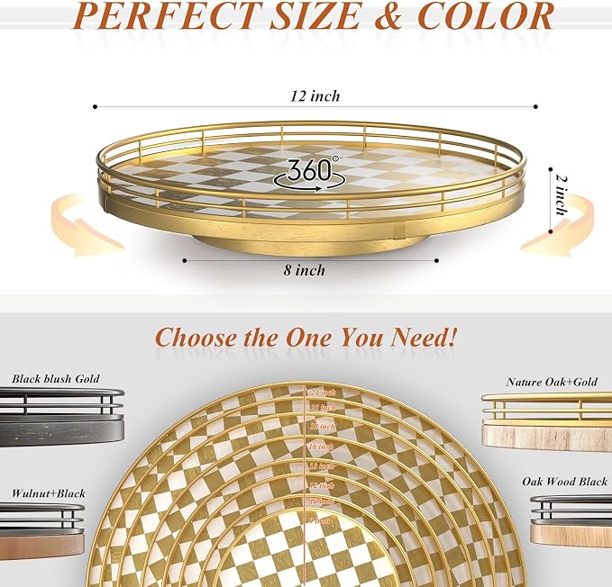 Gold Decorative Lazy Susan Tray, 12 Inch Round Rotating Tray with Metal Rail, Checkerboard Wood Turntable for Coffee Table, Dining Table Centerpiece, Living Room Decor, Candle and Vase Display