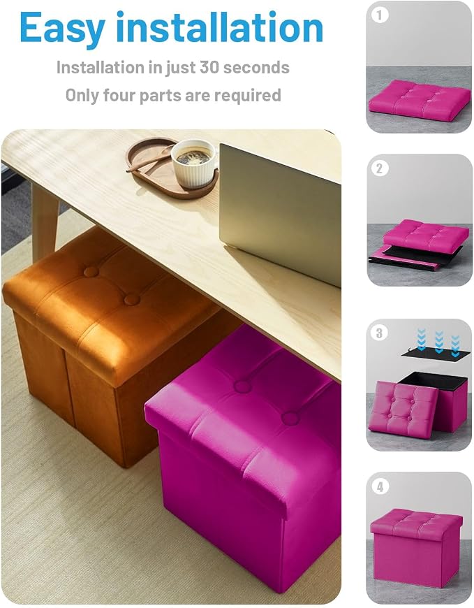 AmasSmile Storage Ottoman Foot Rest Stool, 17 inch Velvet Footstool Bench, Hot Pink Short Ottomans Stool, Small Folding Storage Ottoman Store Books, Record