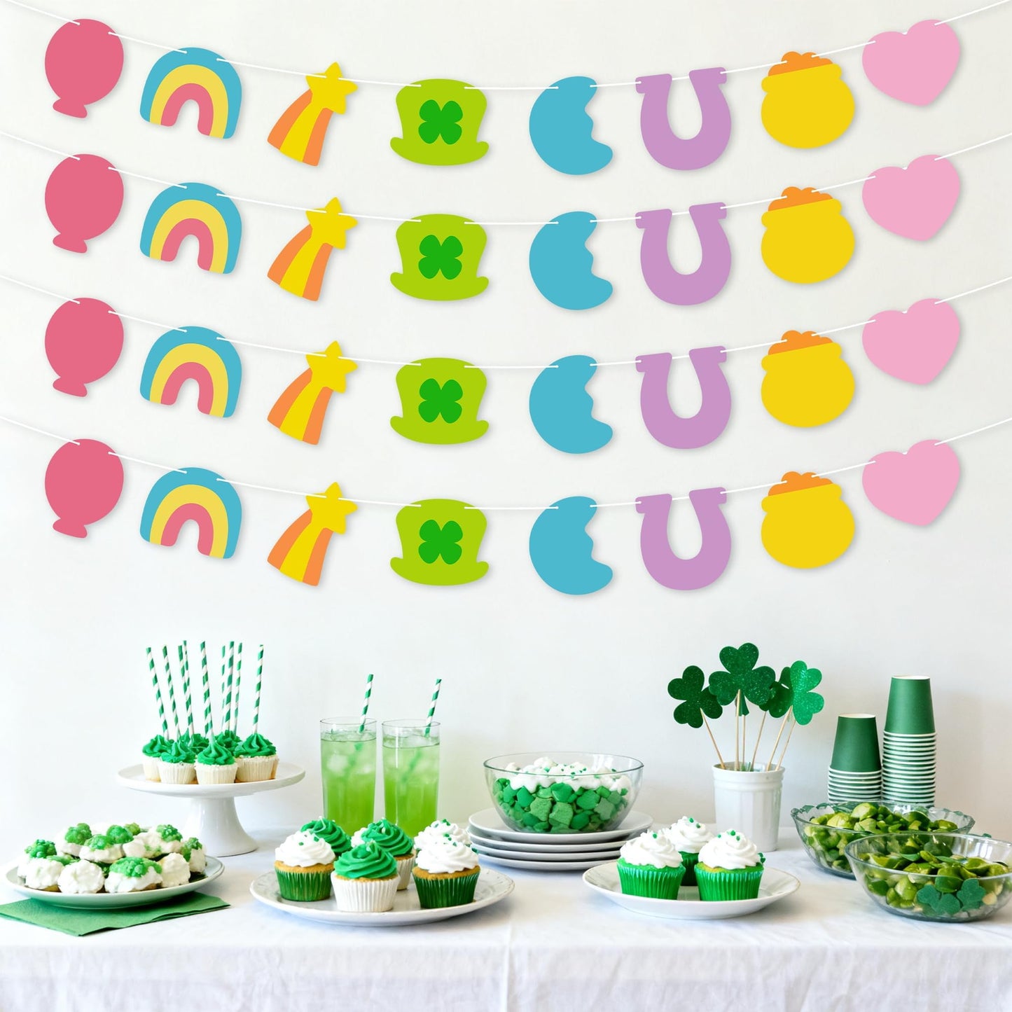 Qimgic St. Patrick's Day Banner - 4pcs Lucky Charms Hanging Garland Decoration, No DIY Needed Green Shamrock Clover Party Supplies Hang Paper Bunting for Home Classroom Fireplace Wall 8.5 Feet