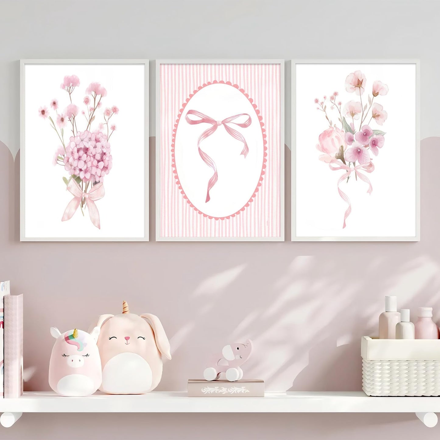 3Pcs Pink Nursery Flower Wall Art Floral Bow Wall Decor Cute Botanical Flower Pictures Coquette Aesthetic Poster Prints Girly Preppy Painting for Girls Bedroom Dorm Apartment Home 12x16 Unframed