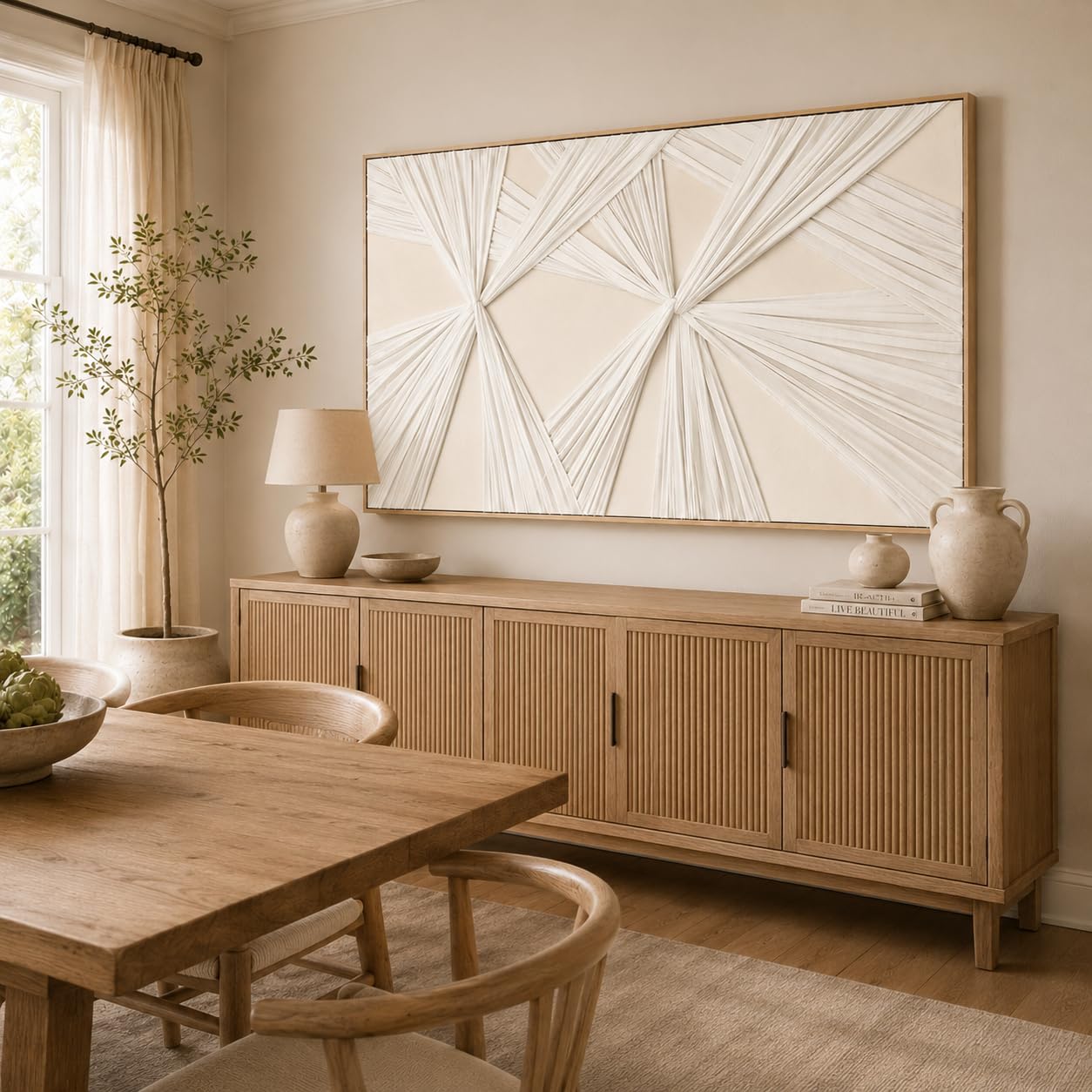 Artists' Handicraft, Extra Large Luxury 3D Fabric Neutral Textured Wall Art, Minimalist Abstract Boho Modern Long Beige Painting Wall Decor for Living Room Bedroom Hallway Office, Horizontal, 54x27 Inces