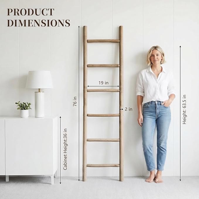 Wooden Blanket Ladder - 76in Natural Wood Color- Leaning Wall Decor for Bedroom, Bathroom, Living Room - Rustic Quilt Holder (Natural Wood Color (Knock Down), 76in | Knock Down)