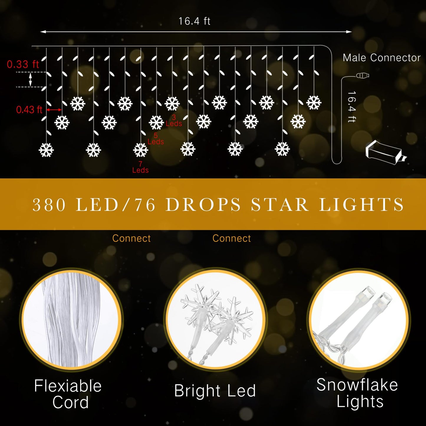 Aurelema Christmas Snowflake Icicle Lights, 33 ft Outdoor Snowflake Lights with Remote 8 Mode Waterproof 380 LEDs 76 Drops for Curtain Eaves Garden Indoor Outdoor Xmas Home Decor Wedding(Blue)