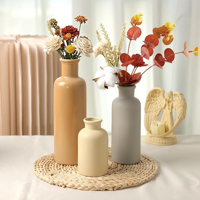 Ceramic Vase Set of 3, Brown Neutral Rustic Vases for Farmhouse Decor, Pampas Grass & Dried Flowers and Table Living Room Home Decor