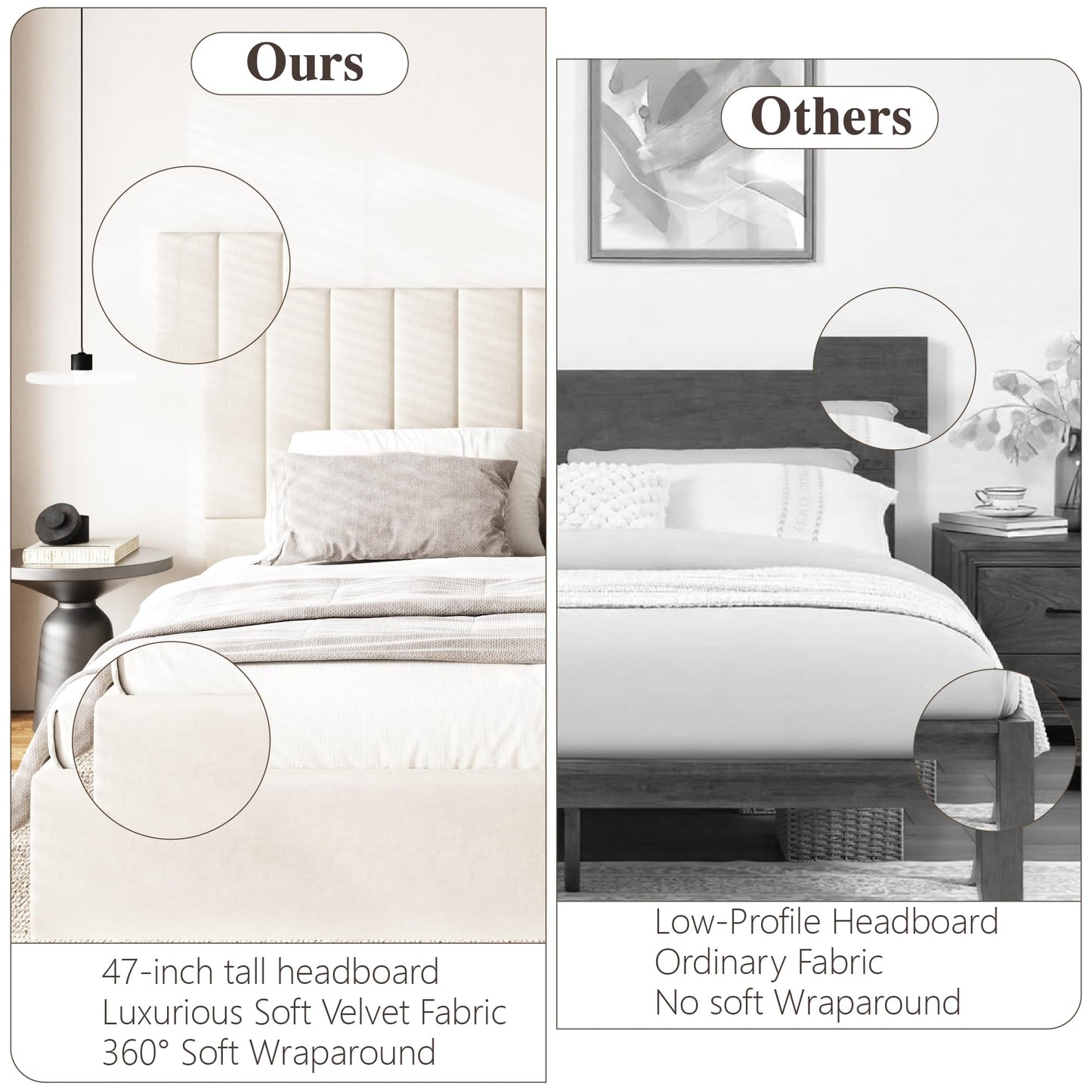 Sismplly Queen Size Cloud Bed Frame with 47" Tall Headboard, Velvet Upholstered Platform Bed with Thickened Sides & Footboard, Modern Floor-Standing Design, No Box Spring Needed, Easy Assembly, Beige
