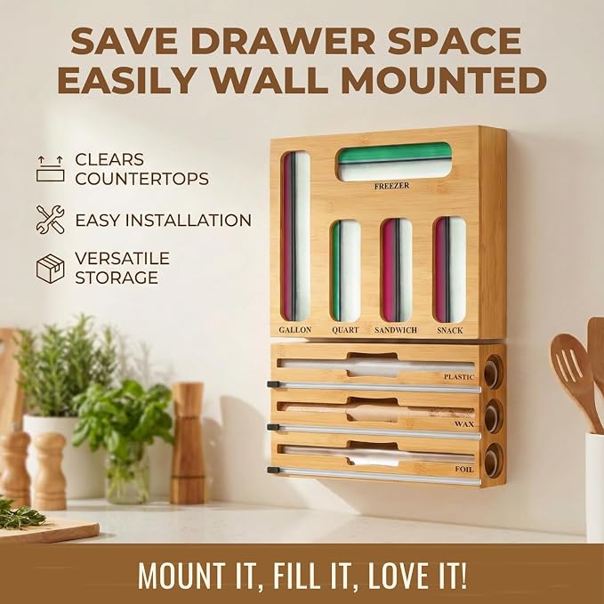 9 in 1 Storage Bag Organizer for Kitchen Drawer, Foil and Plastic Wrap with Cutter, Organizers Compatible Gallon, Quart, Sandwich Snack