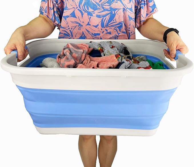 SAMMART 41L (10.8 gallon) Collapsible Plastic Laundry Basket - Foldable Pop Up Storage Container/Organizer - Portable Washing Tub - Space Saving (Grey/Little Boy Blue, Rectangular)