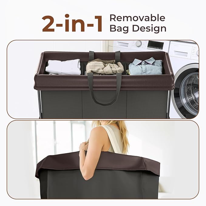 Mefirt 320L Laundry Hamper with Wheels, 3 Section Large Rolling Laundry Basket Bag with Wheels, Clothes Hamper Cart for Laundry, Bedroom, Bathroom and Dorm