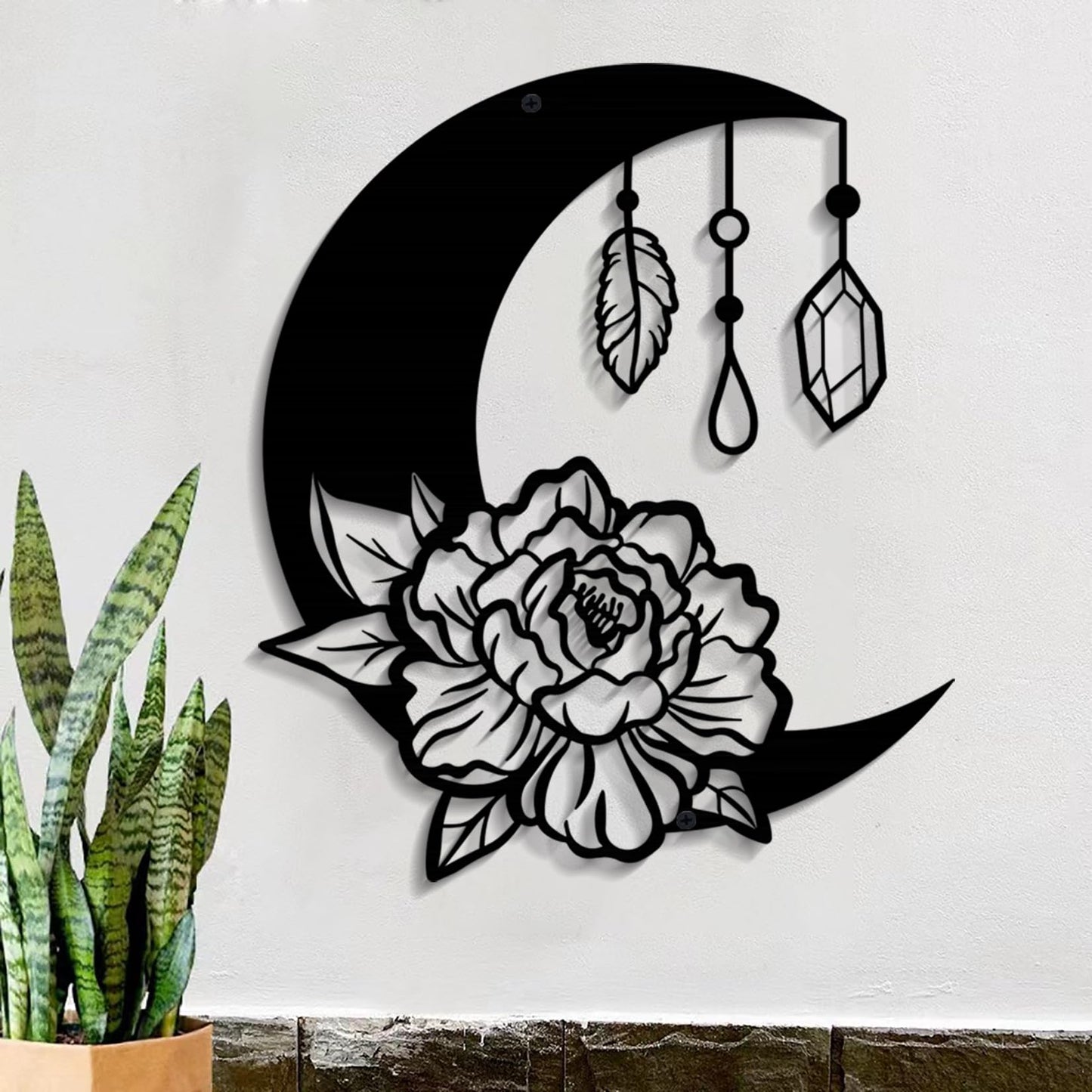 DUOOLN Moon Metal Floral Art Decor - 11" Black Boho Floral Rose Star Phase Wall Sign, Half Moon Flower Sculpture Hanging Wall Decor for Bedroom Living Room Home Wall Decoration
