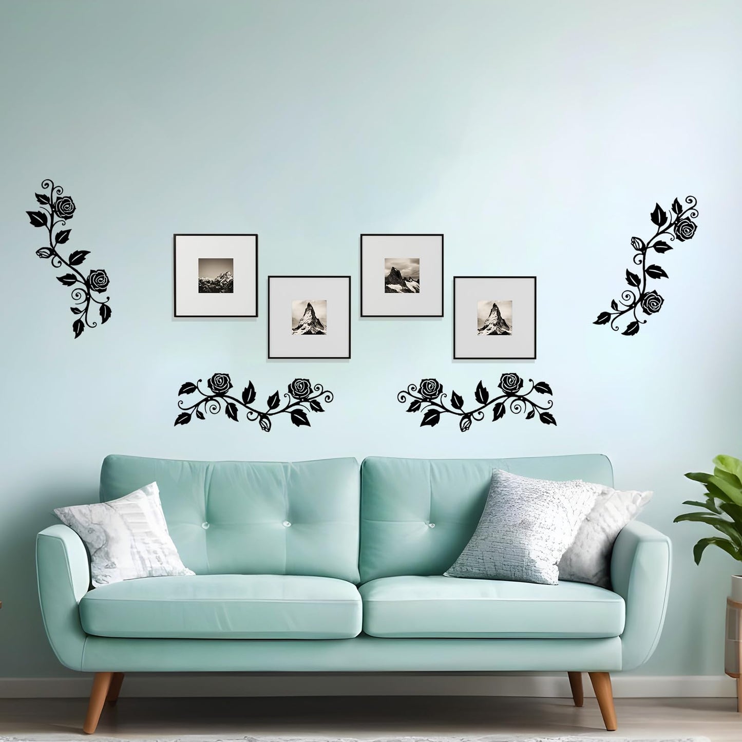 DUOOLN 2 Pcs Metal Rose Tree Leaf Wall Decor, Long Iron Scroll Vine Wall Art Above, Rustic Hanging Sign Flowers Sculpture, For Above Door Living Room Office Indoor And Outdoor Decoration - Black
