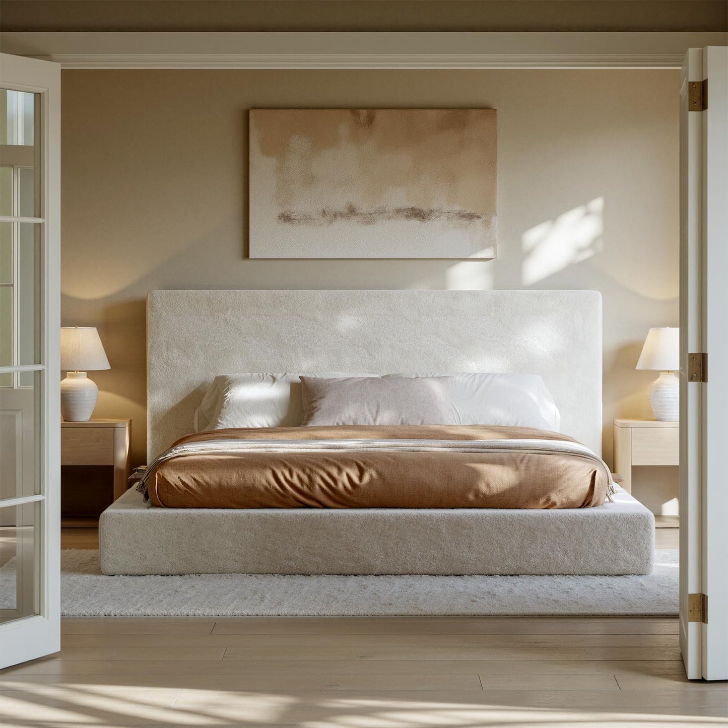 Evermagin White King Upholstered Bed Frame with Headboard,Soft Frame Cloud Bed with Adjust 2 Bedside Table,Modern Platform Cushion Bed Frame for Bedroom,No Box Spring Required, Easy Assembly
