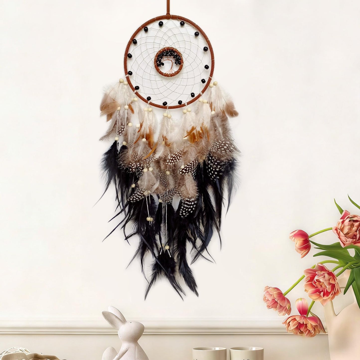 SOYUZU Black Dream Catcher Wall Decor Crystal Tree of Life Dream Catchers Handmade Feather Dreamcatcher Wall Hanging Ornament for Bedroom Living Room Home Decor