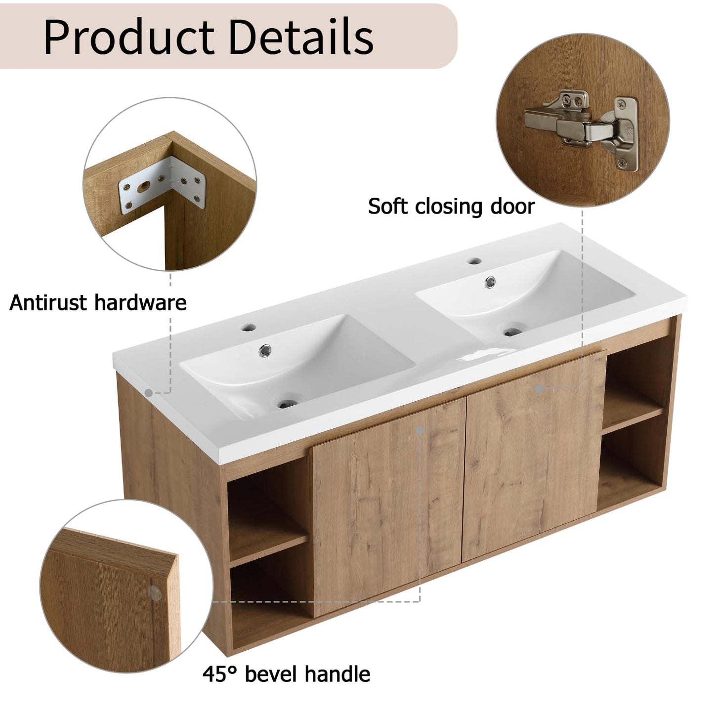 Trygoal Floating Bathroom Vanity, 48" Bathroom Storage Cabinet with Double Resin Sinks, 2 Soft-Close Doors & 4 Open Storage Shelves, Modern Wall-Mounted Vanity with 45° Bevel Handles, Oak